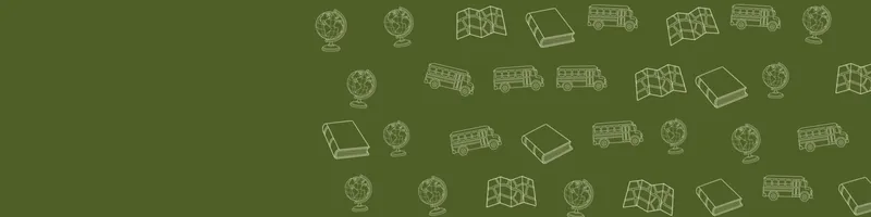 Olive Google Classroom header with white line drawings of globe, map, book closed, school bus on the right