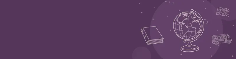 Plum Google Classroom header with white line drawings of globe, map, book closed, school bus on the right
