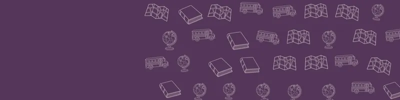 Plum Google Classroom header with white line drawings of globe, map, book closed, school bus on the right