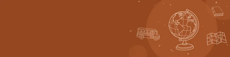 Rust Google Classroom header with white line drawings of globe, map, book closed, school bus on the right