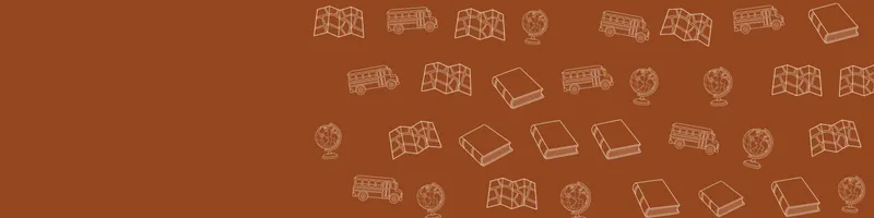 Rust Google Classroom header with white line drawings of globe, map, book closed, school bus on the right