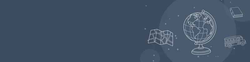 Slate Google Classroom header with white line drawings of globe, map, book closed, school bus on the right
