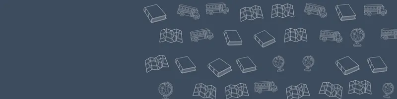 Slate Google Classroom header with white line drawings of globe, map, book closed, school bus on the right