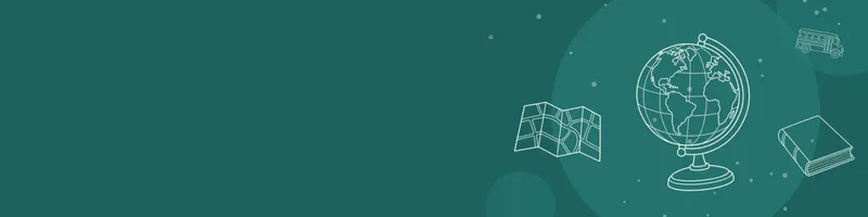 Teal Google Classroom header with white line drawings of globe, map, book closed, school bus on the right