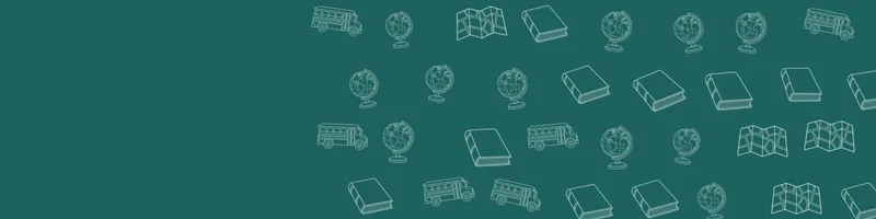 Teal Google Classroom header with white line drawings of globe, map, book closed, school bus on the right