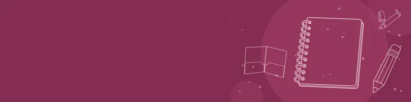 Berry Google Classroom header with white line drawings of notebook, pencil, marker, folder on the right