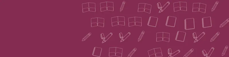 Berry Google Classroom header with white line drawings of notebook, pencil, marker, folder on the right