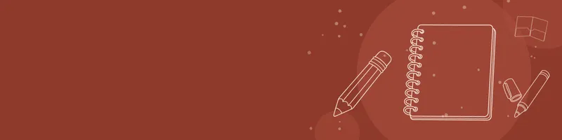 Brick red Google Classroom header with white line drawings of notebook, pencil, marker, folder on the right