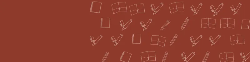 Brick red Google Classroom header with white line drawings of notebook, pencil, marker, folder on the right