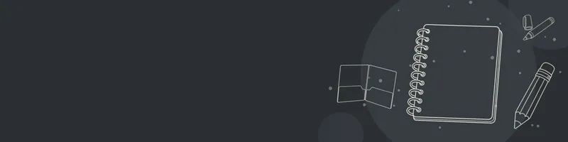 Charcoal Google Classroom header with white line drawings of notebook, pencil, marker, folder on the right