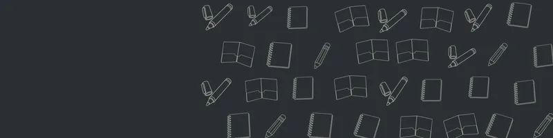 Charcoal Google Classroom header with white line drawings of notebook, pencil, marker, folder on the right