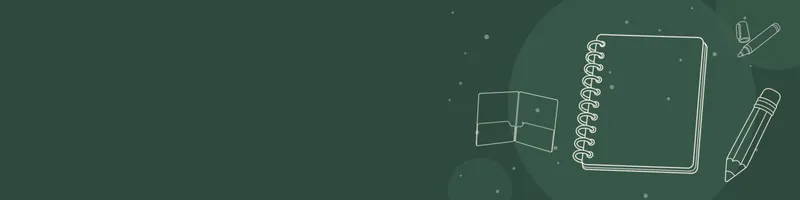 Forest green Google Classroom header with white line drawings of notebook, pencil, marker, folder on the right
