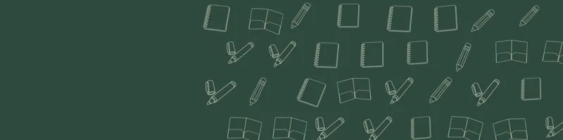Forest green Google Classroom header with white line drawings of notebook, pencil, marker, folder on the right