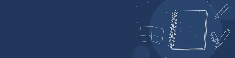 Navy Google Classroom header with white line drawings of notebook, pencil, marker, folder on the right