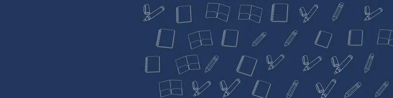 Navy Google Classroom header with white line drawings of notebook, pencil, marker, folder on the right