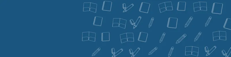Ocean blue Google Classroom header with white line drawings of notebook, pencil, marker, folder on the right