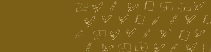 Ochre Google Classroom header with white line drawings of notebook, pencil, marker, folder on the right
