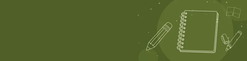 Olive Google Classroom header with white line drawings of notebook, pencil, marker, folder on the right