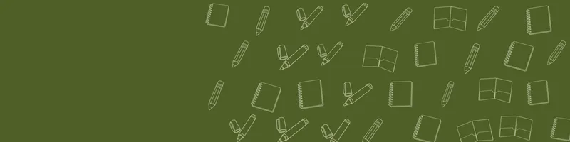 Olive Google Classroom header with white line drawings of notebook, pencil, marker, folder on the right
