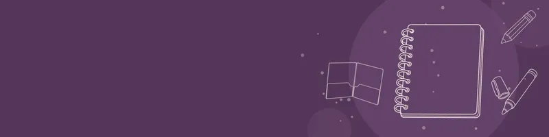 Plum Google Classroom header with white line drawings of notebook, pencil, marker, folder on the right