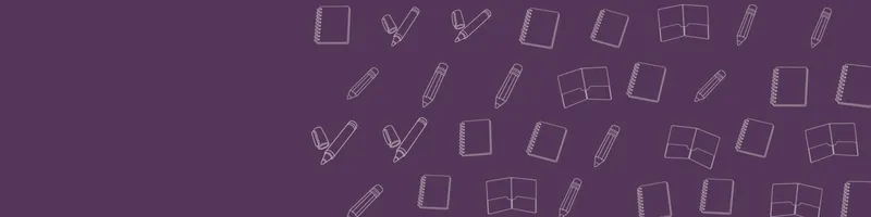 Plum Google Classroom header with white line drawings of notebook, pencil, marker, folder on the right