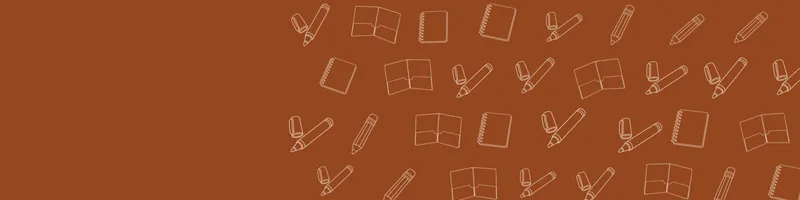 Rust Google Classroom header with white line drawings of notebook, pencil, marker, folder on the right