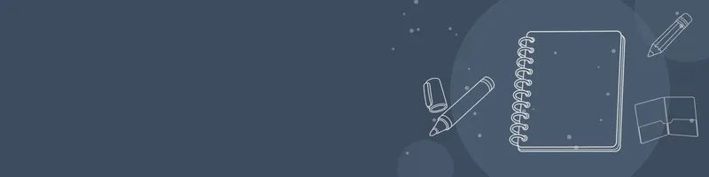 Slate Google Classroom header with white line drawings of notebook, pencil, marker, folder on the right