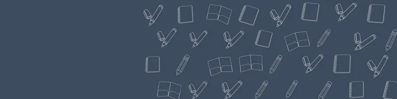 Slate Google Classroom header with white line drawings of notebook, pencil, marker, folder on the right