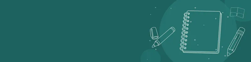 Teal Google Classroom header with white line drawings of notebook, pencil, marker, folder on the right
