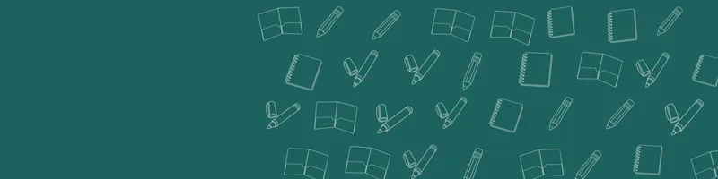 Teal Google Classroom header with white line drawings of notebook, pencil, marker, folder on the right